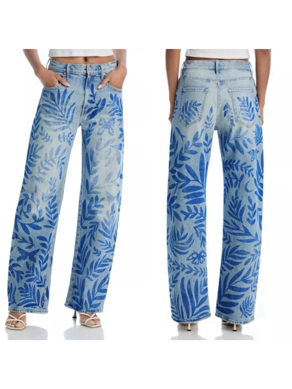 MOTHER The Lasso Sneak Jeans Pressed Leaves Print Hi-Rise Wide Leg 28 FLAWLESS